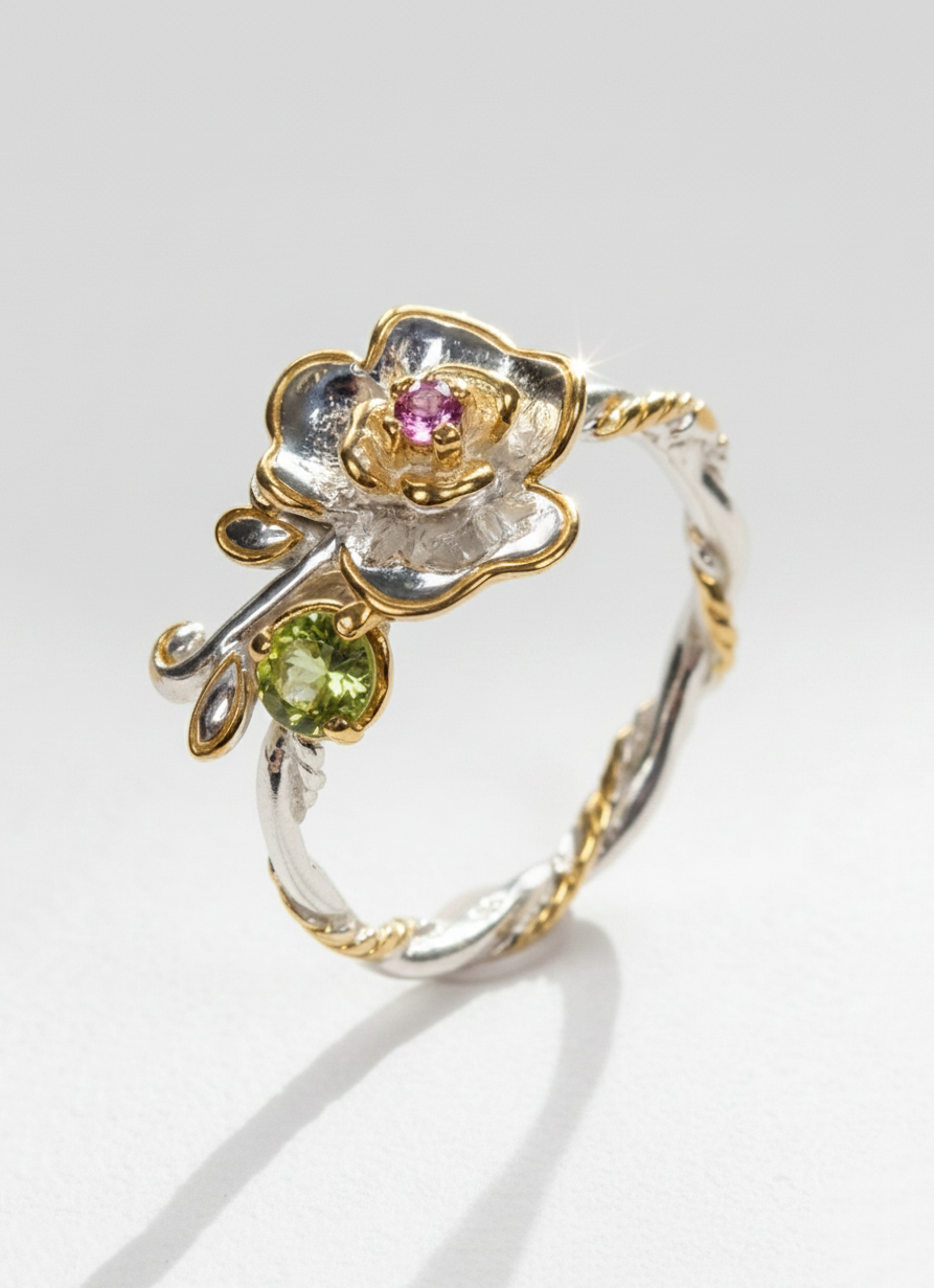 925 silver flower tourmaline ring