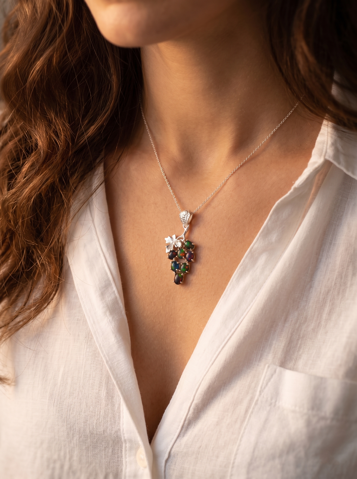925 sterling silver grape black opal necklace, pendant detail