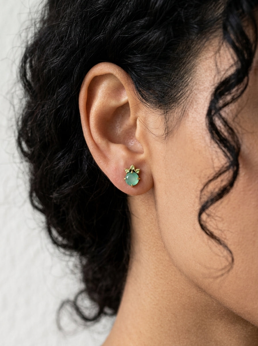 925 silver green onyx stud earrings, round gemstone dainty studs