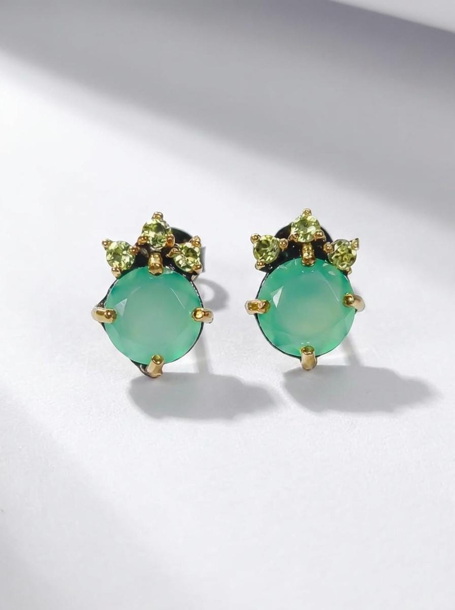 925 silver green onyx stud earrings, round gemstone dainty studs