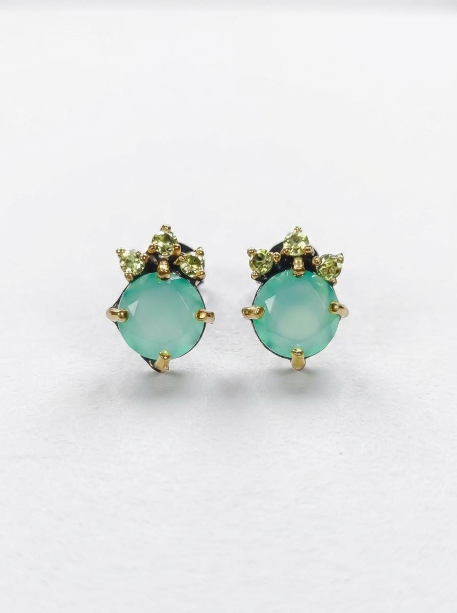 925 silver green onyx stud earrings, round gemstone dainty studs