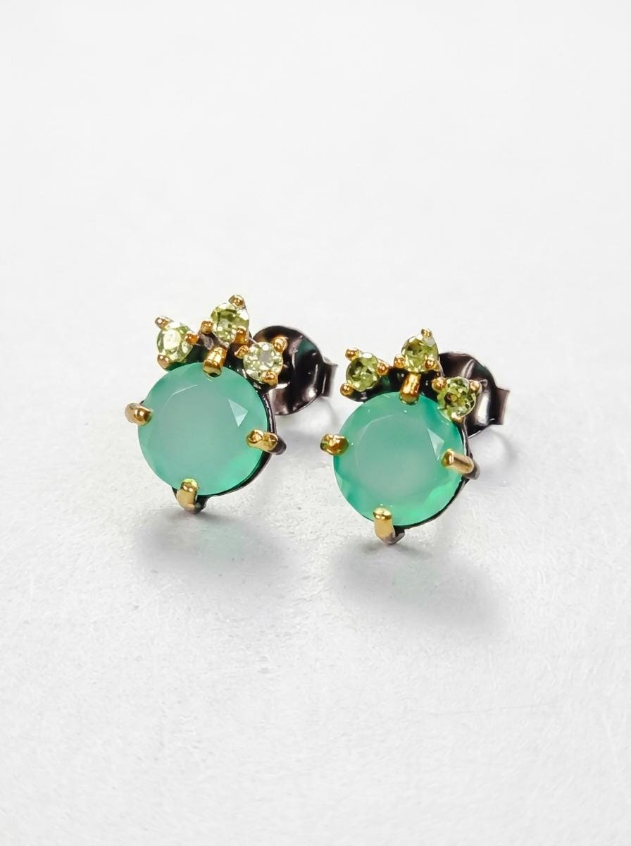 925 silver green onyx stud earrings, round gemstone dainty studs