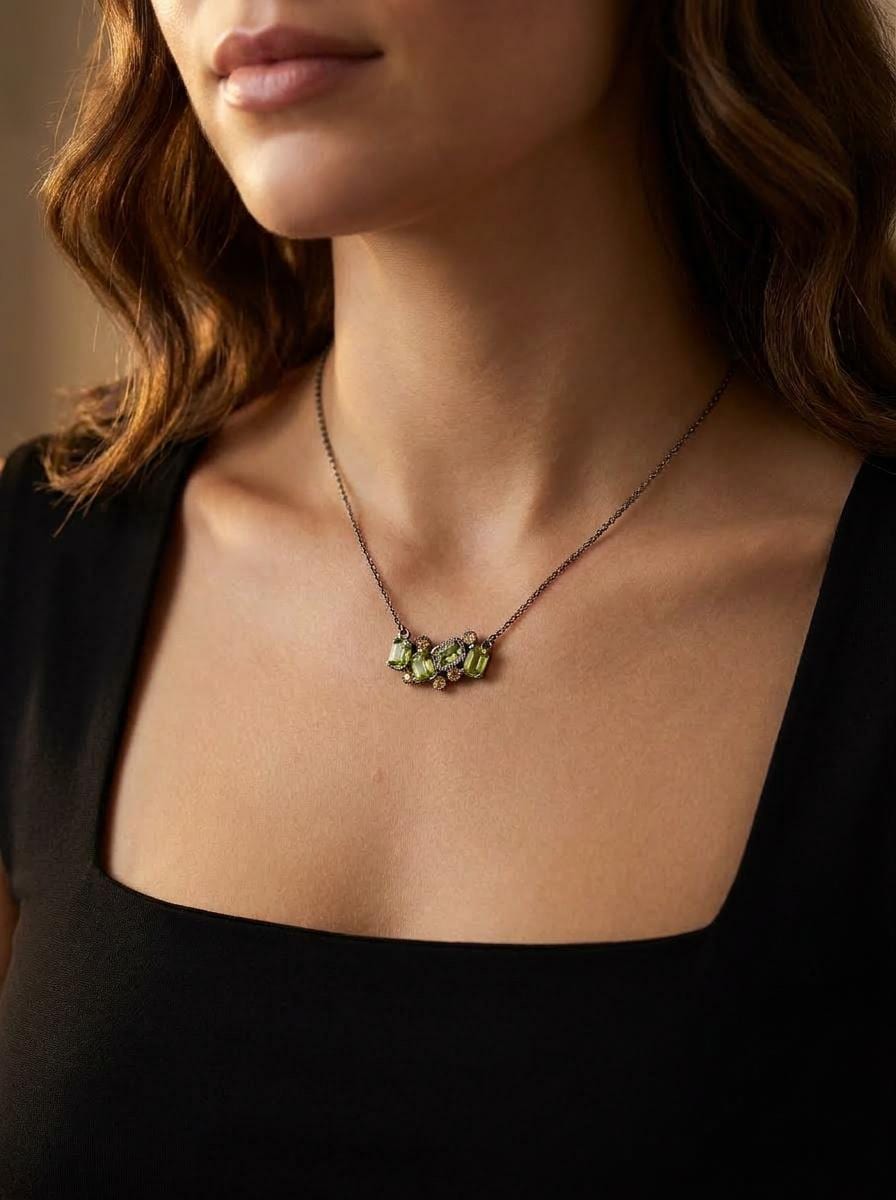 925 silver green peridot gemstone necklace, geometric handmade jewelry