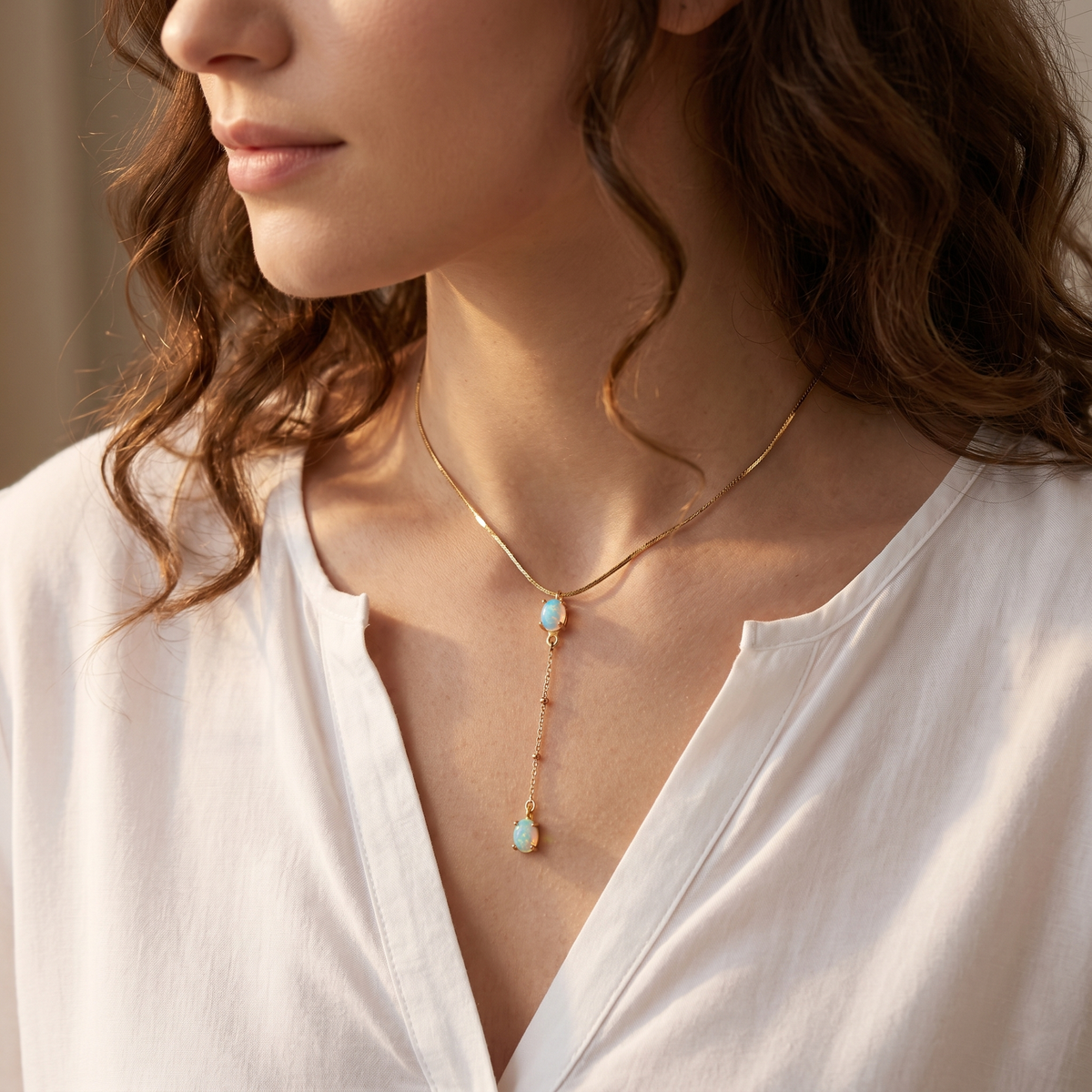 925 sterling silver lariat Y opal necklace, close-up detail