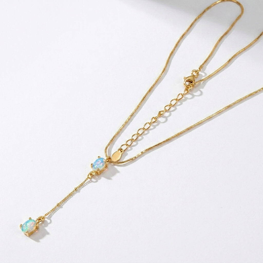 925 sterling silver lariat Y opal necklace, worn view