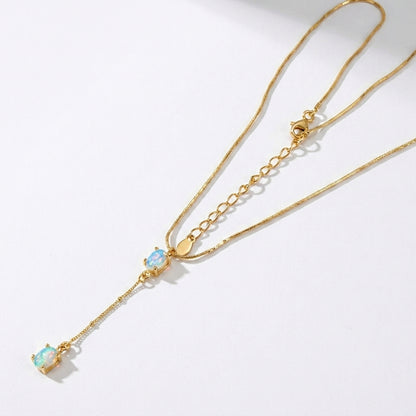 925 sterling silver lariat Y opal necklace, worn view