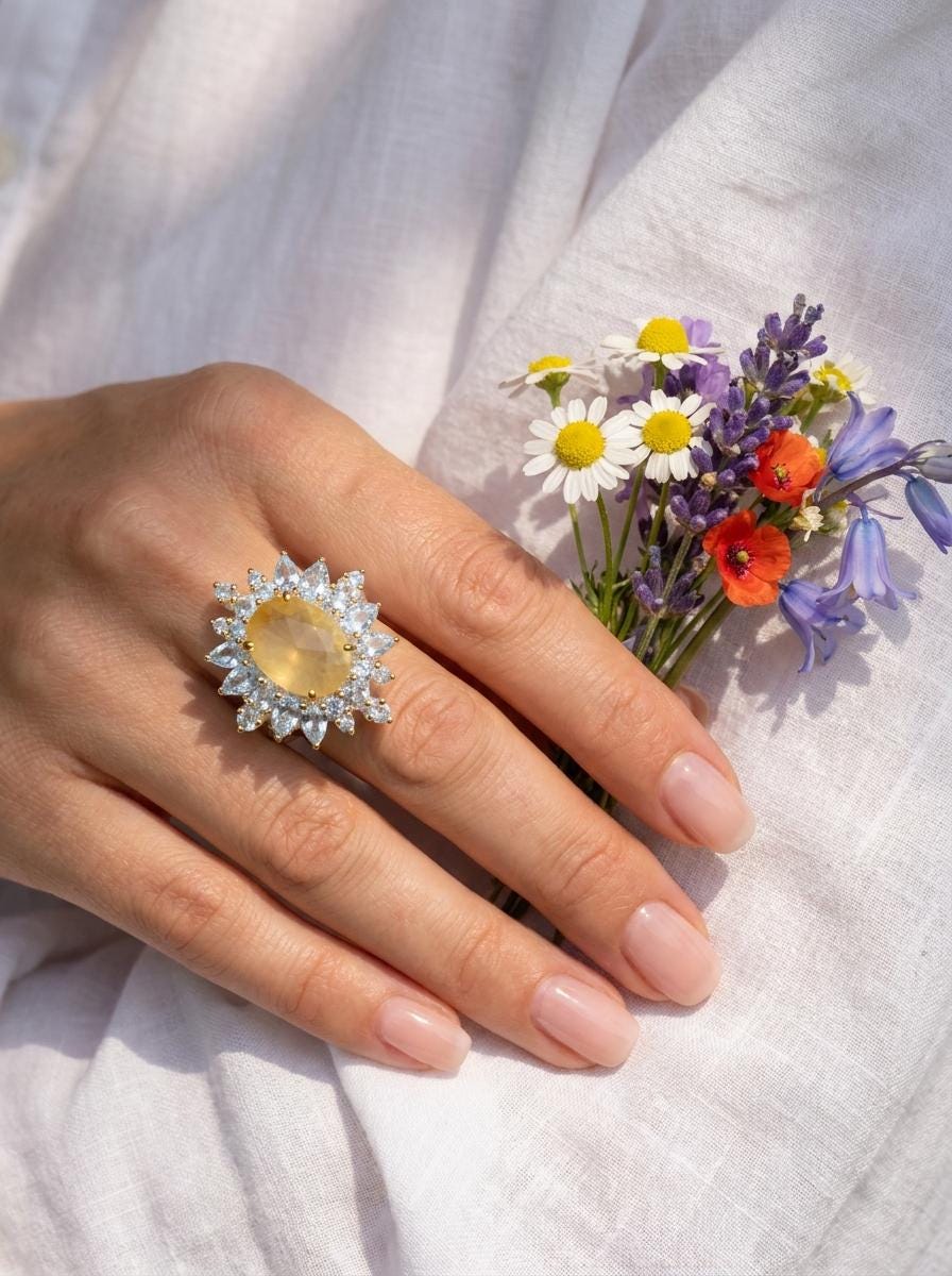 925 silver lemon quartz ring, oval yellow gemstone floral halo statement jewelry