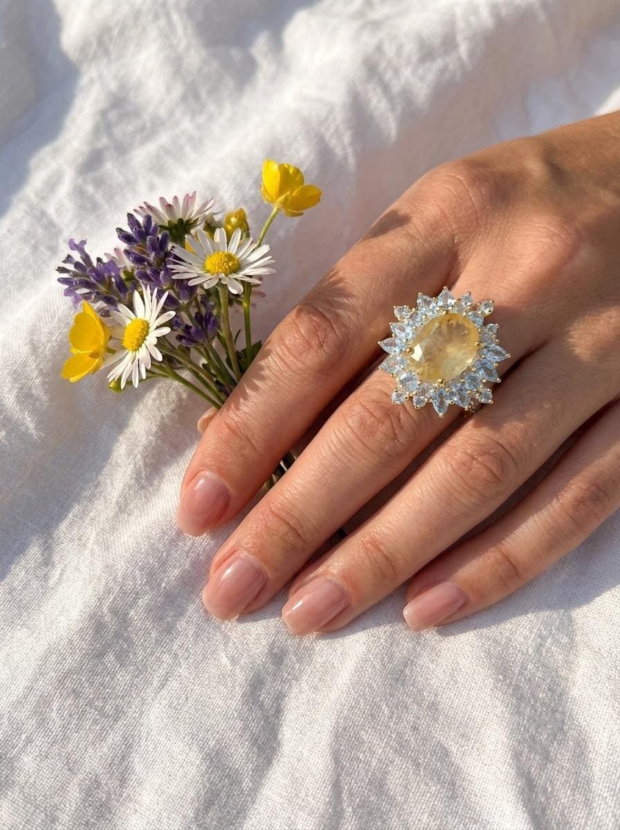 925 silver lemon quartz ring, oval yellow gemstone floral halo statement jewelry