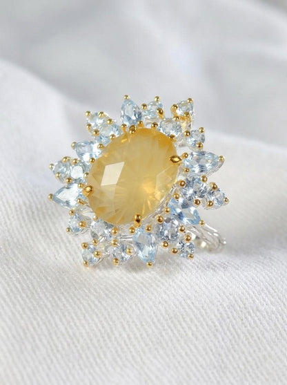 925 silver lemon quartz ring, oval yellow gemstone floral halo statement jewelry
