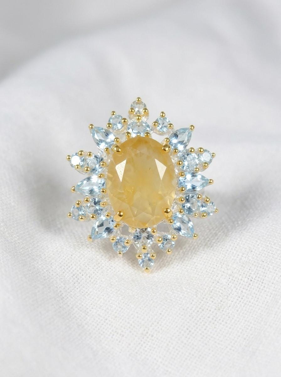 925 silver lemon quartz ring, oval yellow gemstone floral halo statement jewelry