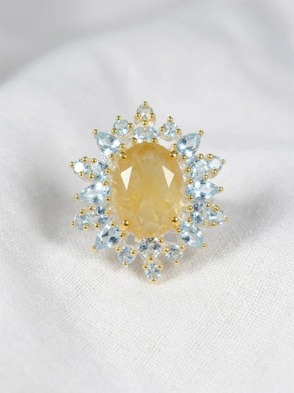 925 silver lemon quartz ring, oval yellow gemstone floral halo statement jewelry