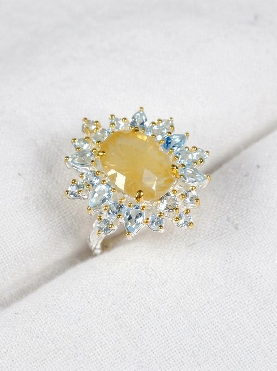 925 silver lemon quartz ring, oval yellow gemstone floral halo statement jewelry