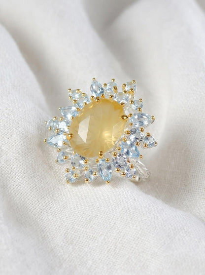 925 silver lemon quartz ring, oval yellow gemstone floral halo statement jewelry