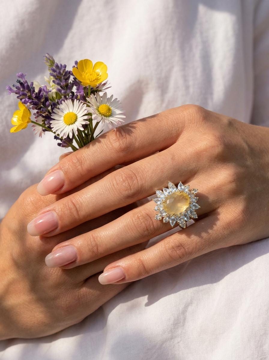 925 silver lemon quartz ring, oval yellow gemstone floral halo statement jewelry