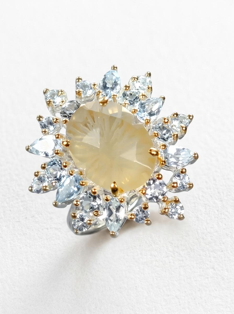 925 silver lemon quartz ring, oval yellow gemstone floral halo statement jewelry