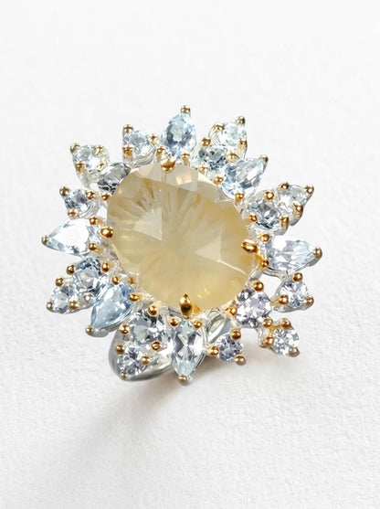 925 silver lemon quartz ring, oval yellow gemstone floral halo statement jewelry