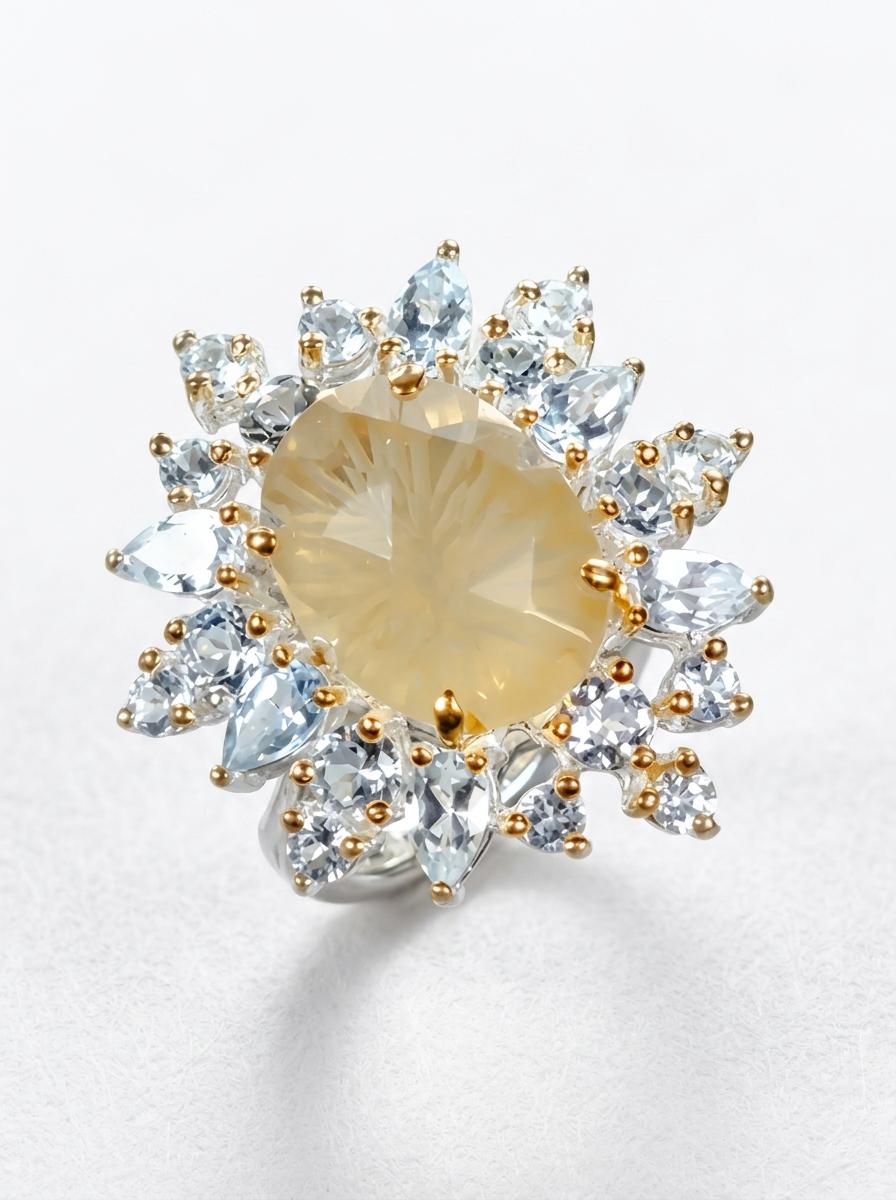 925 silver lemon quartz ring, oval yellow gemstone floral halo statement jewelry