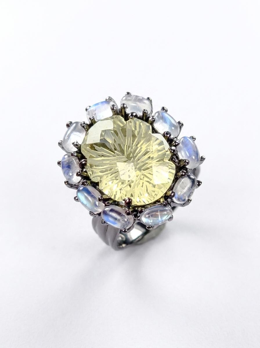 925 silver lemon quartz ring, oval yellow gemstone floral halo statement jewelry