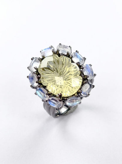 925 silver lemon quartz ring, oval yellow gemstone floral halo statement jewelry