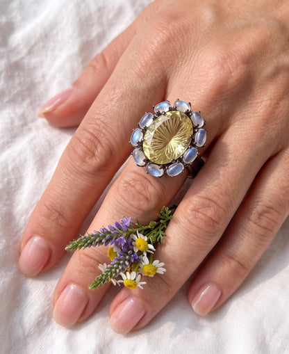 925 silver lemon quartz ring, oval yellow gemstone floral halo statement jewelry