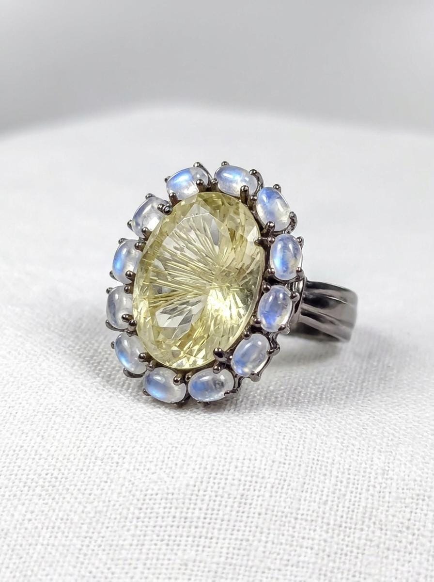 925 silver lemon quartz ring, oval yellow gemstone floral halo statement jewelry