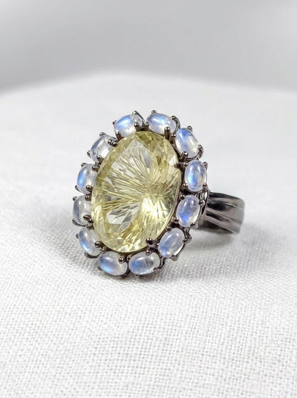 925 silver lemon quartz ring, oval yellow gemstone floral halo statement jewelry
