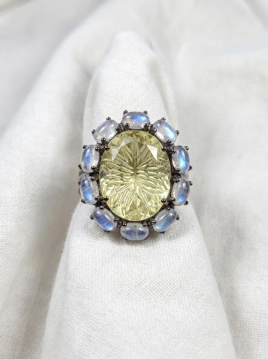 925 silver lemon quartz ring, oval yellow gemstone floral halo statement jewelry
