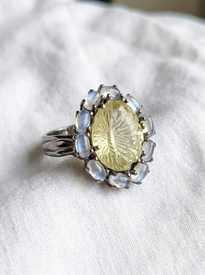 925 silver lemon quartz ring, oval yellow gemstone floral halo statement jewelry