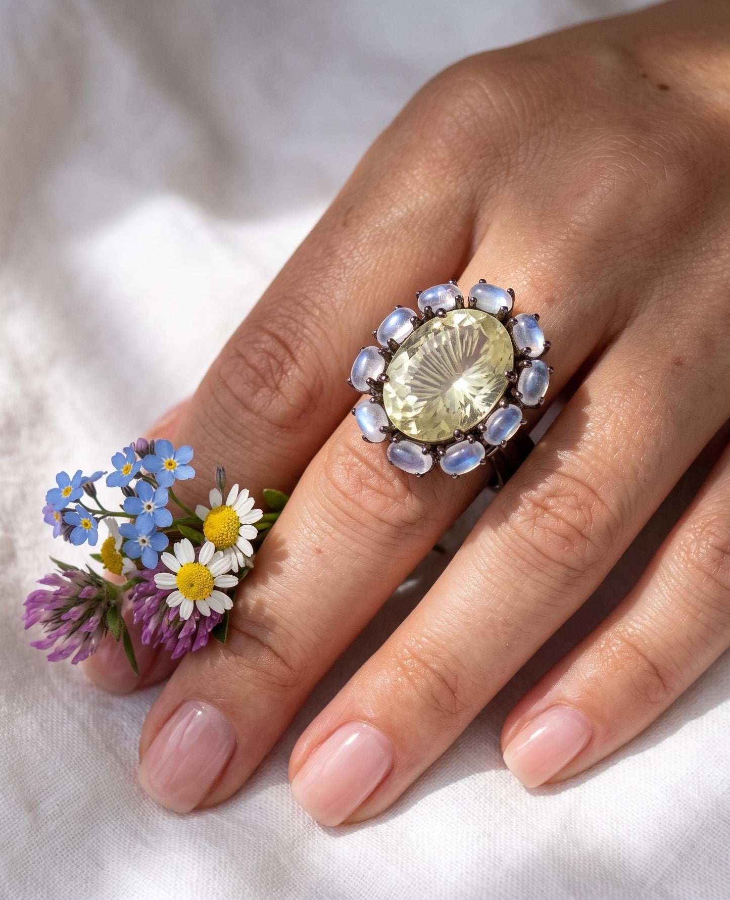 925 silver lemon quartz ring, oval yellow gemstone floral halo statement jewelry