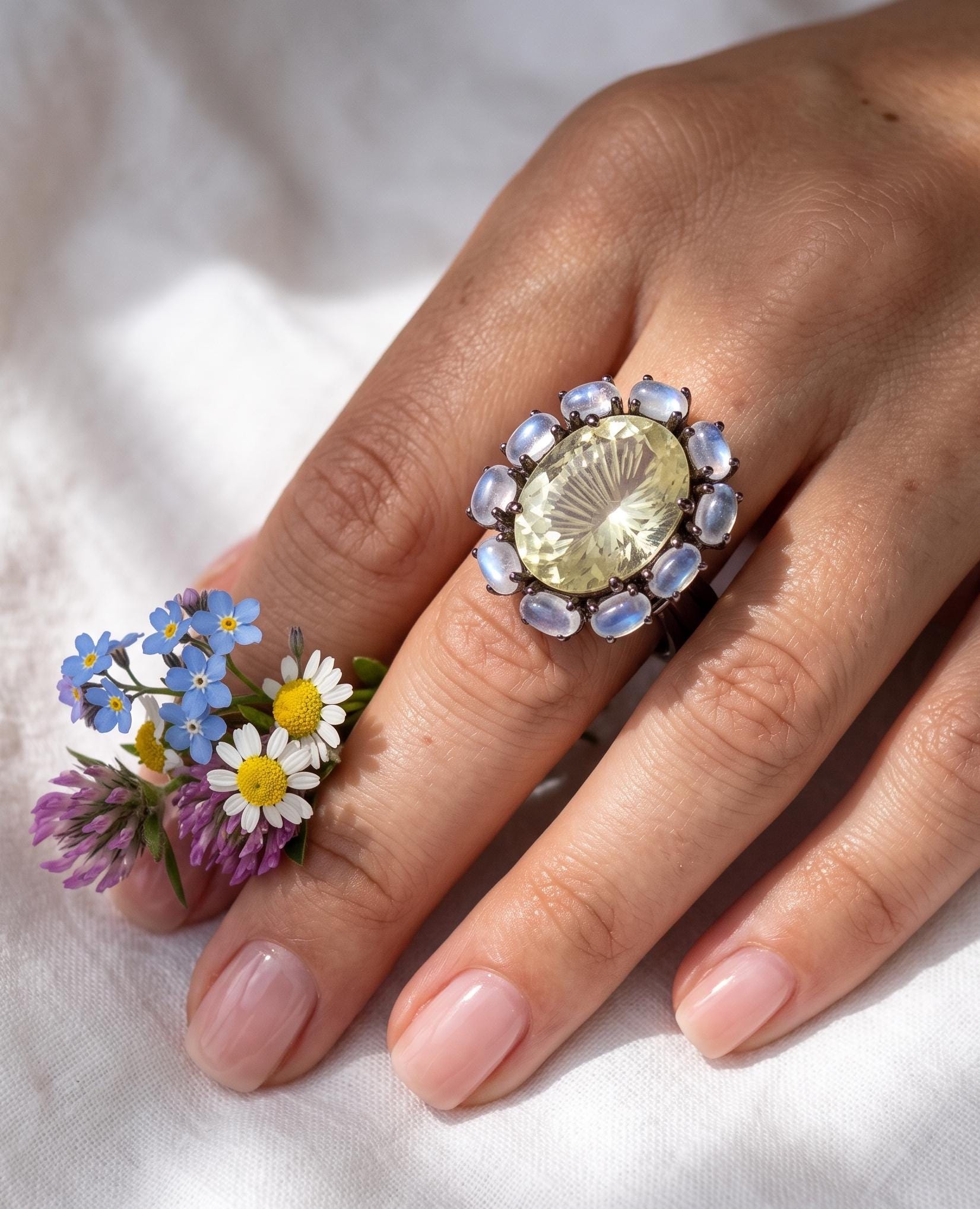 925 silver lemon quartz ring, oval yellow gemstone floral halo statement jewelry