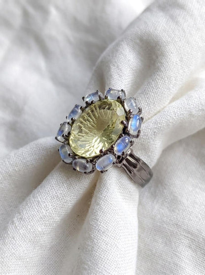 925 silver lemon quartz ring, oval yellow gemstone floral halo statement jewelry