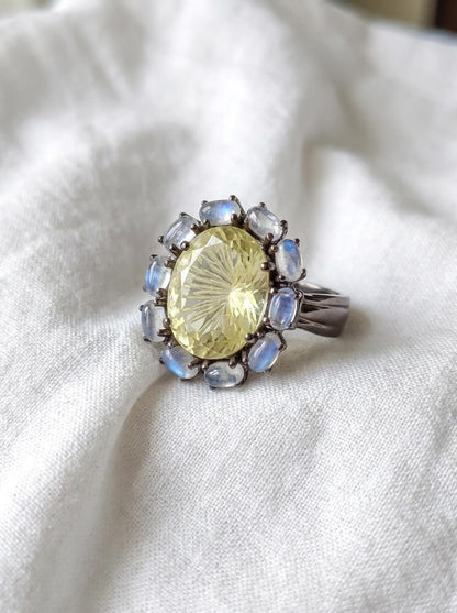 925 silver lemon quartz ring, oval yellow gemstone floral halo statement jewelry