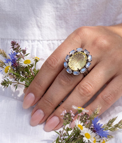 925 silver lemon quartz ring, oval yellow gemstone floral halo statement jewelry