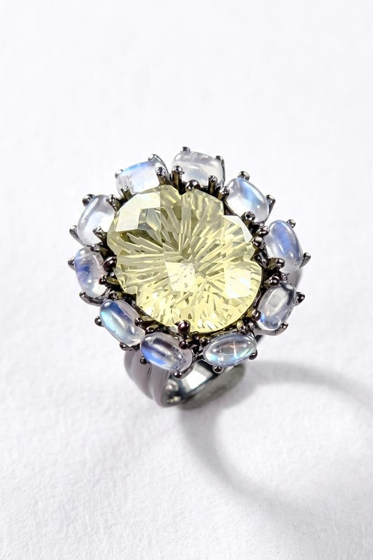 925 silver lemon quartz ring, oval yellow gemstone floral halo statement jewelry