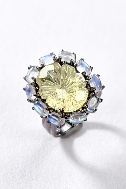 925 silver lemon quartz ring, oval yellow gemstone floral halo statement jewelry