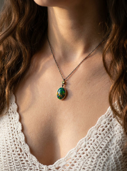925 silver oval black opal necklace