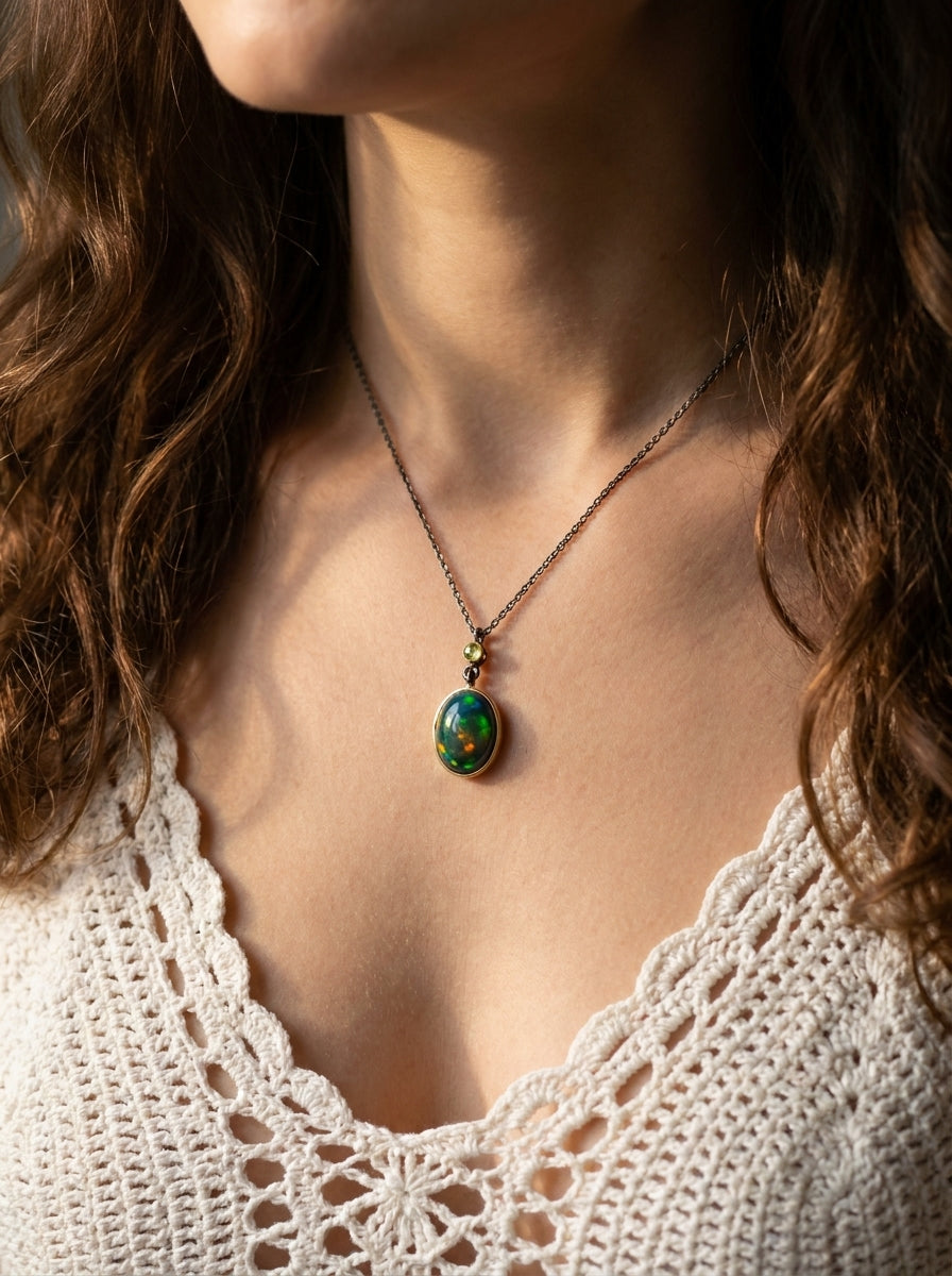 925 silver oval black opal necklace