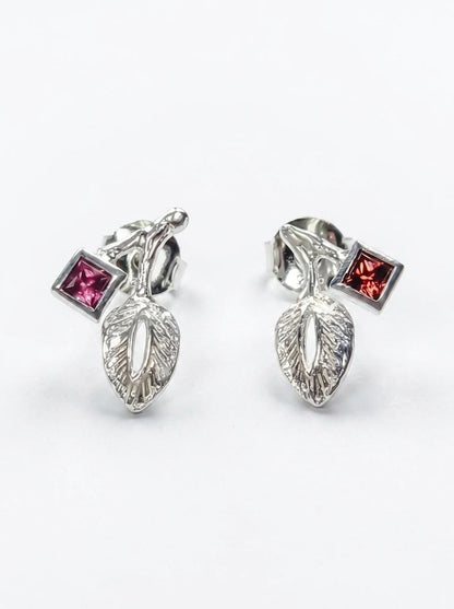 925 silver garnet leaf stud earrings