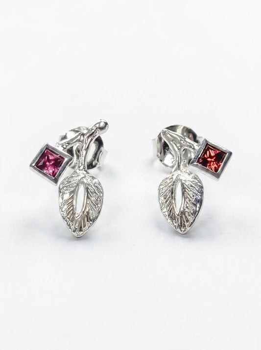 925 silver garnet leaf stud earrings