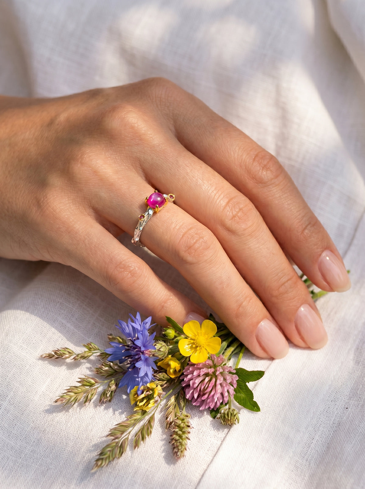 925 silver pink ruby dainty branch ring