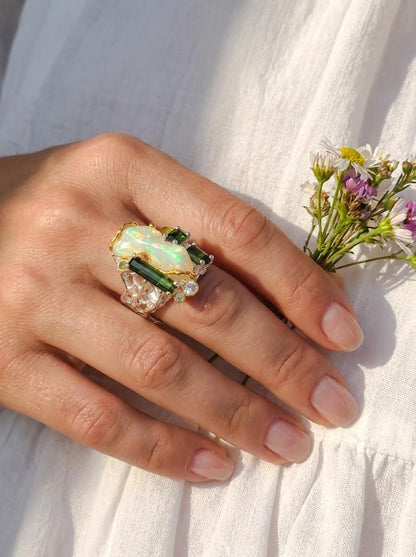 925 silver raw opal statement ring