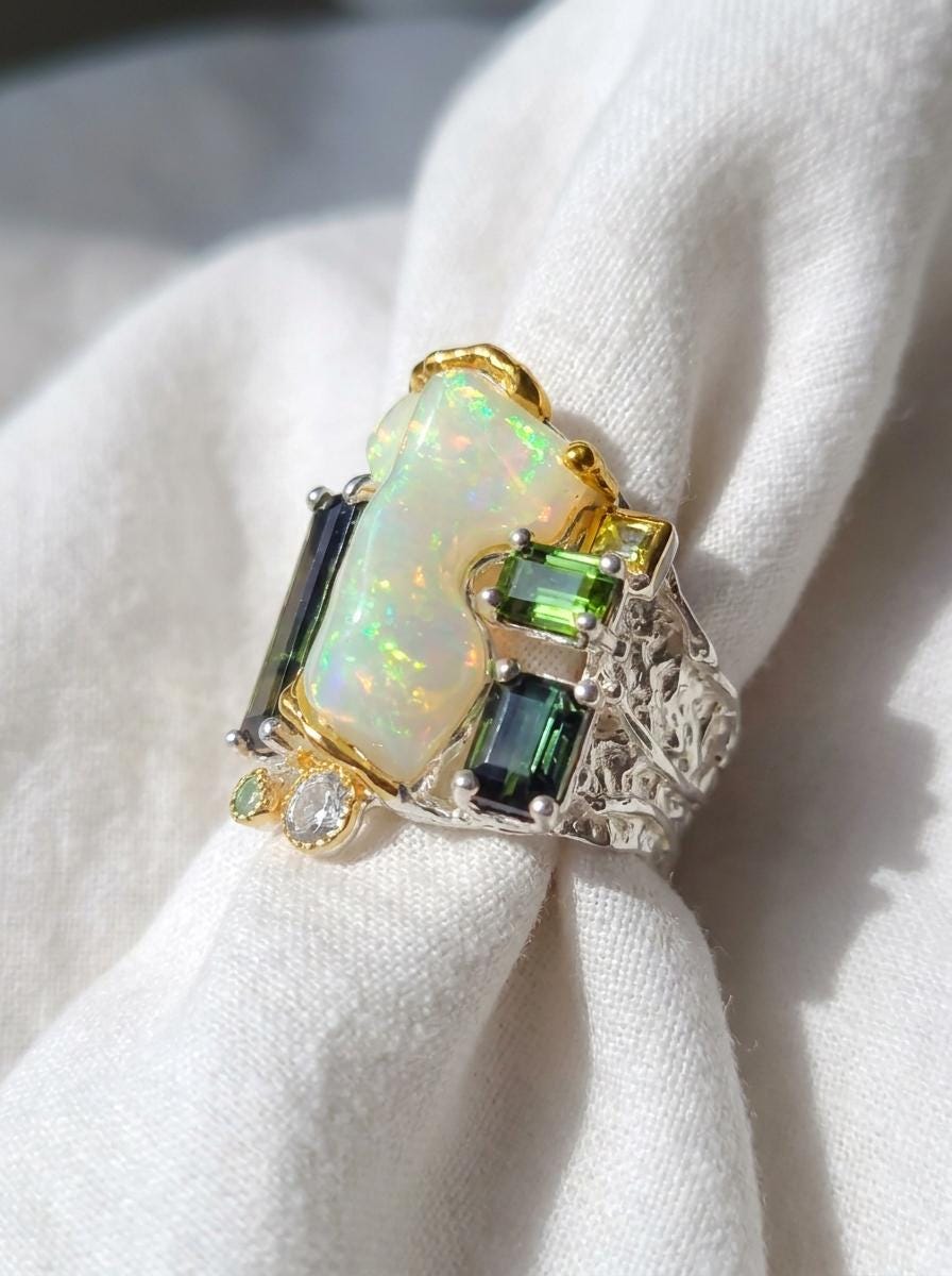 925 silver raw opal statement ring