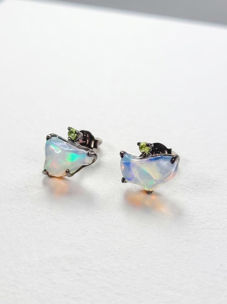 925 silver raw rainbow opal earrings