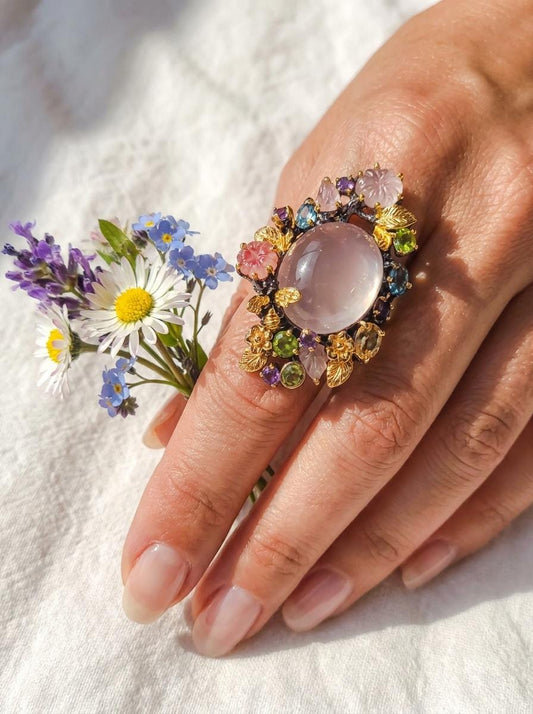 925 silver rose quartz garden ring