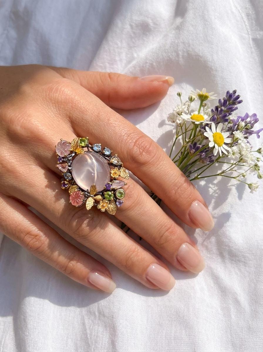 925 silver rose quartz garden ring