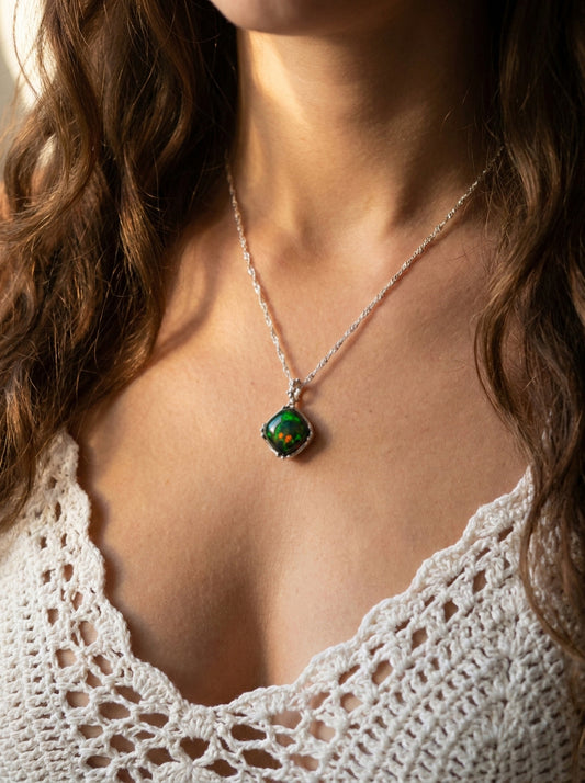 925 silver square black opal necklace