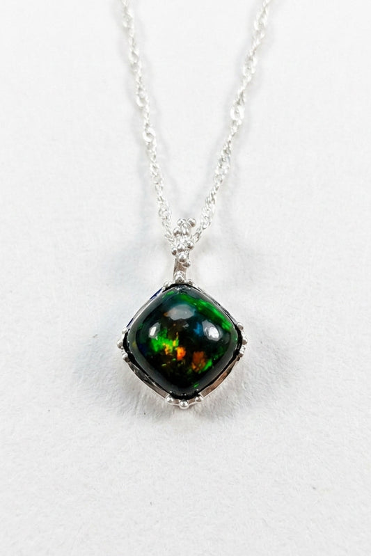 925 silver square black opal necklace