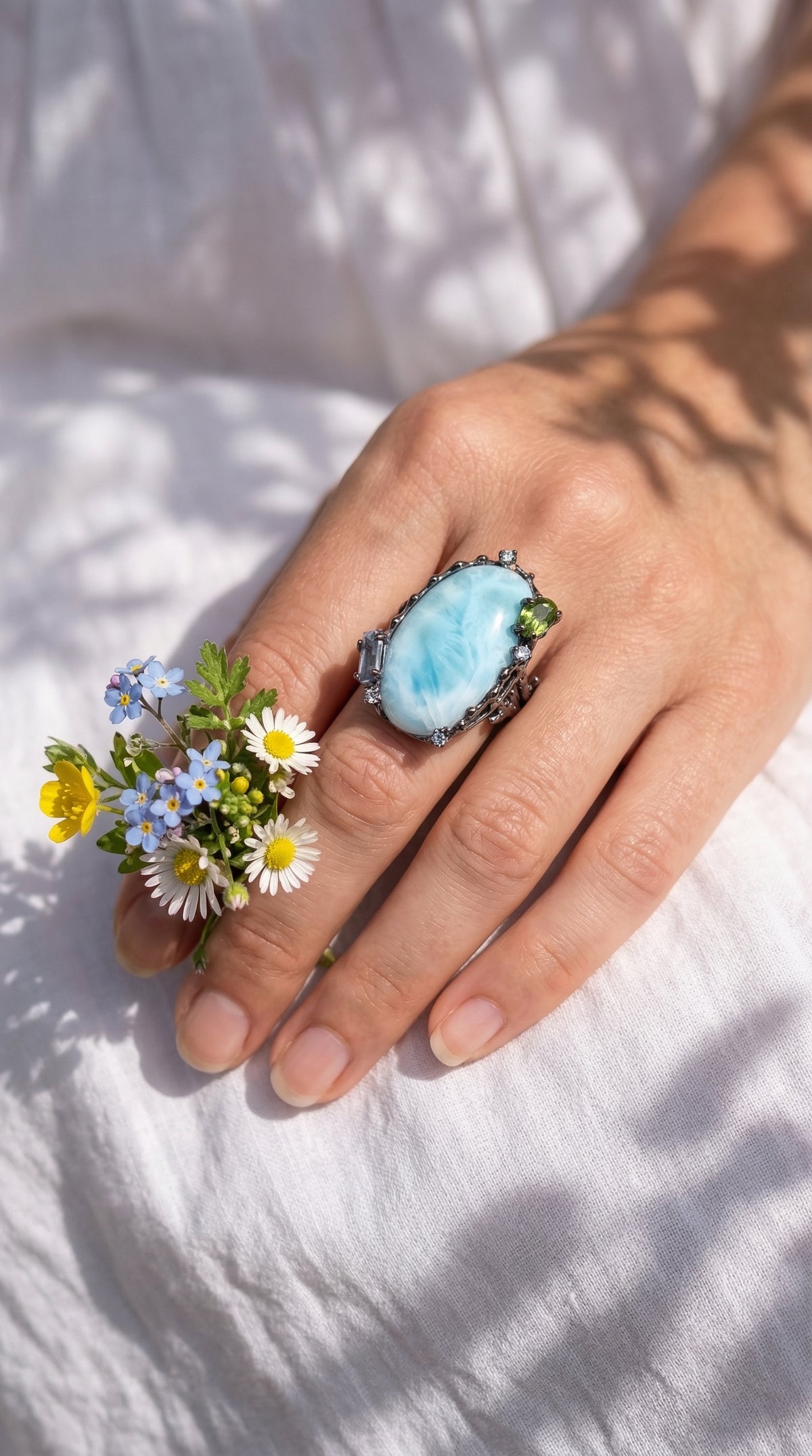 925 silver statement blue larimar ring