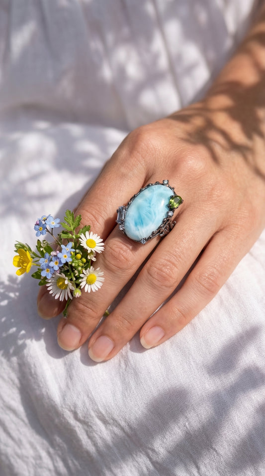 925 silver statement blue larimar ring