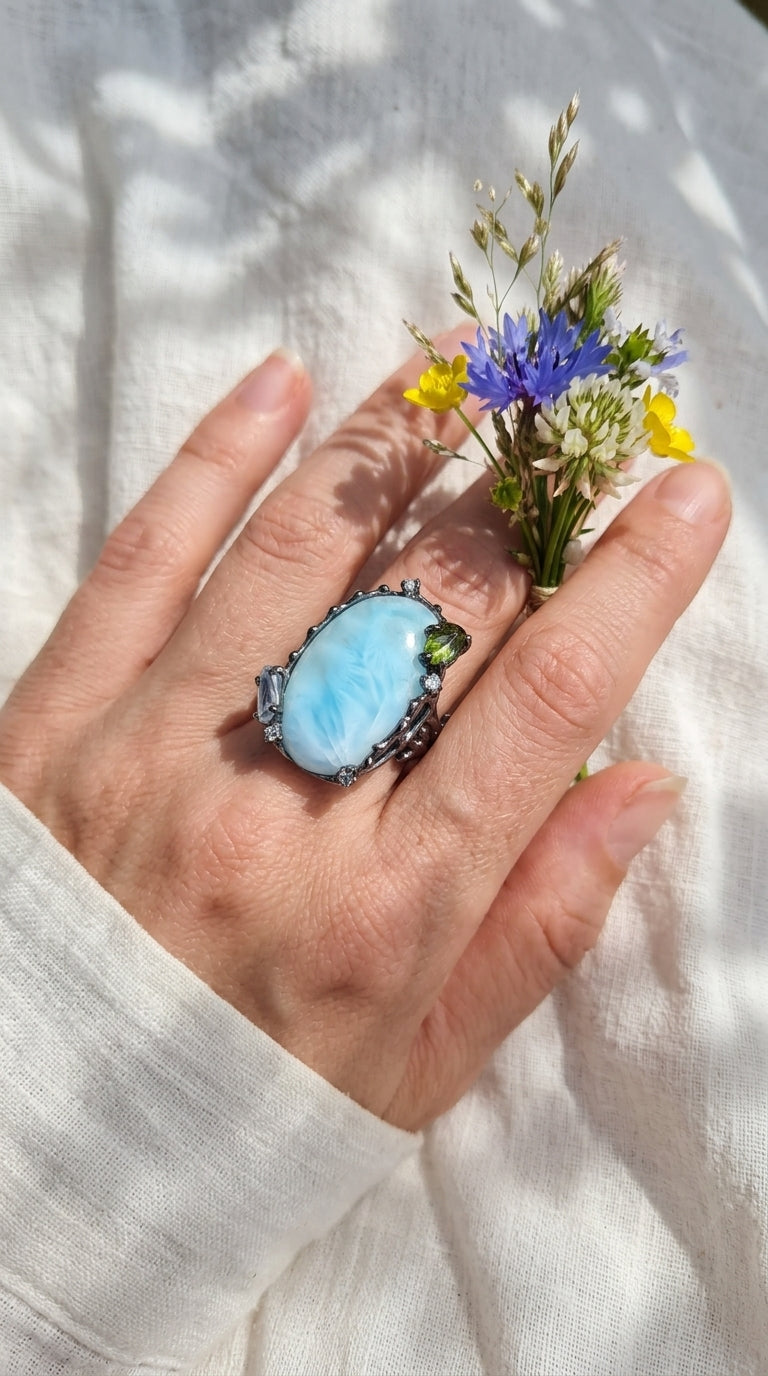 925 silver statement blue larimar ring